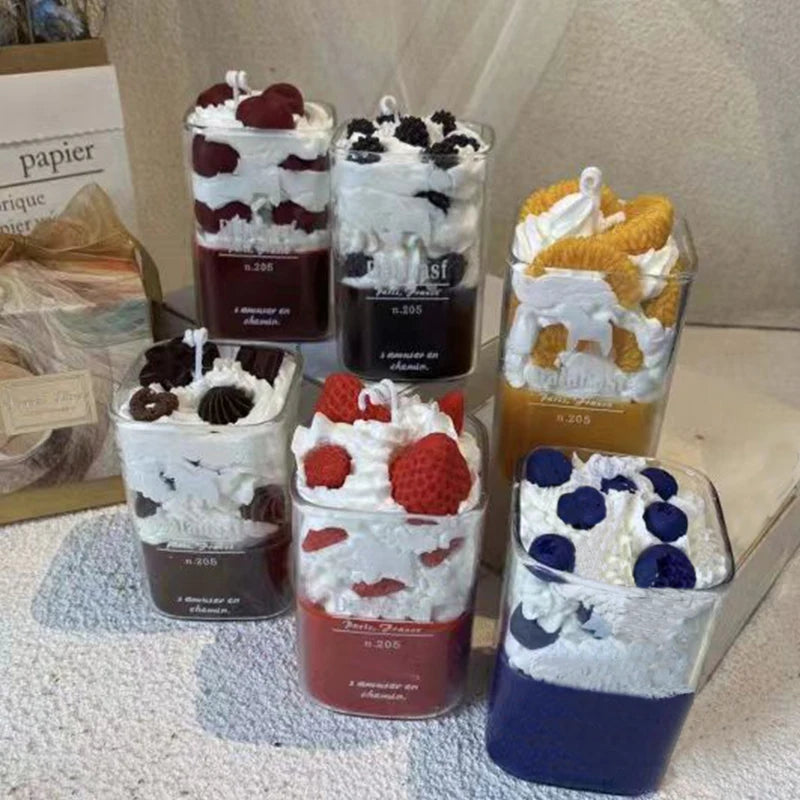 Birthday Ice Cream Style Best Fruity Shape Scented Candle Strawberry Chocolate Cake Candle with Glass Jar Festival Aromatherapy