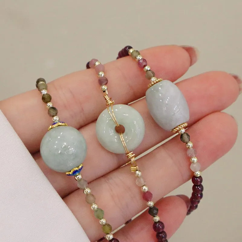 Adjustable Natural Healing Gemstone Garnet Tourmaline Jadeite Donut Bracelet Wealth and Luck Bracelet for Women