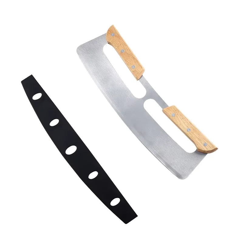 14inch Silver Stainless Steel Foldable Pizza Slicer Knife Mezzaluna Chopper with Blade Cover and Double Wooden Handle