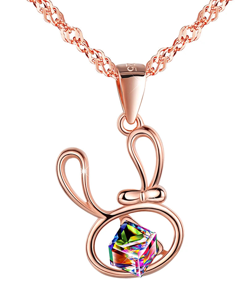 925 Silver Cute Rabbit Pendant Necklace for Women Hollow and Crystal Inlaid Accessories Chic Crystal Necklaces