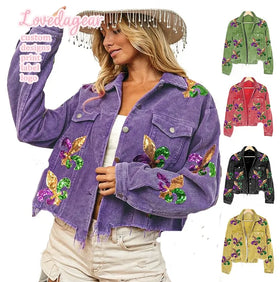 Loveda Wholesale Custom Sequin Embroidery Dyed Breathable Corduroy Safari Jacket for Women Autumn