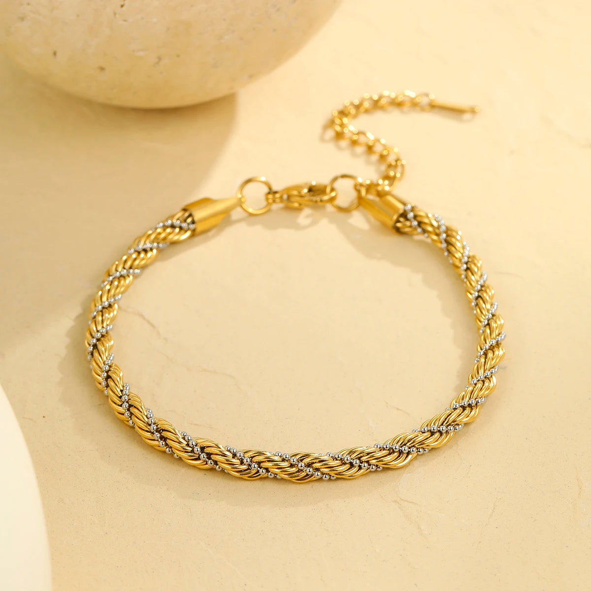 4mm 18k PVD Twisted Cable Chain Bracelet Bead Ball Chains Gold Plated Bracelets Stainless Steel Jewelry Women