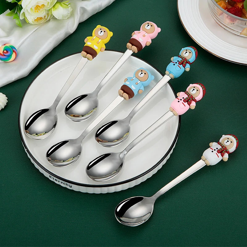 304 Stainless Steel Children's Spoon Set Cute Silicone Bear Tea Spoon Cartoon Coffee Stirring Spoon