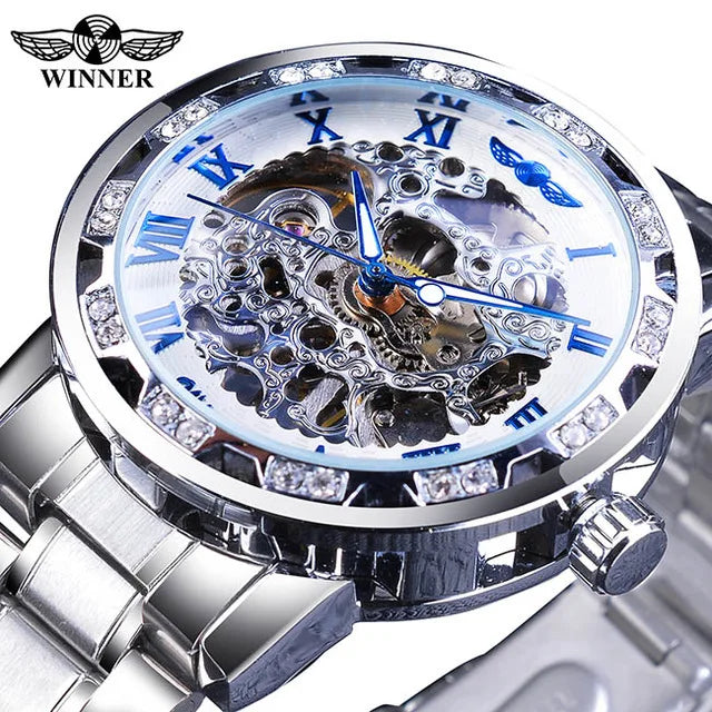 Winner Watch Transparent Luxury Diamond Mechanical Men Watch Reloj Hombre Skeleton Watches Wrist Business Luminous Dropshipping