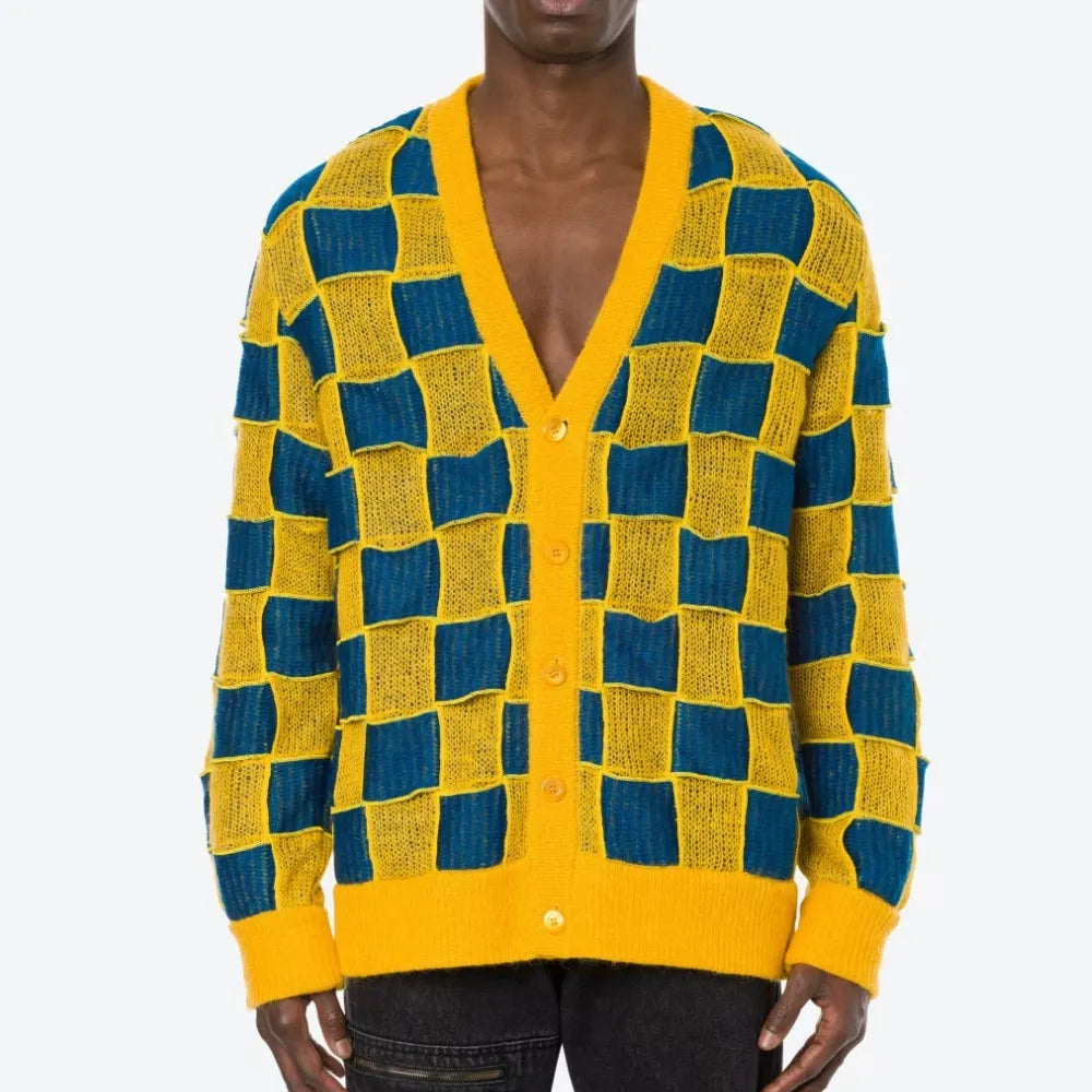 2026 Knitwear Manufacturers Custom Made Breathable Thin Knit Jacquard Checkered Pattern Men's Cardigan Sweaters