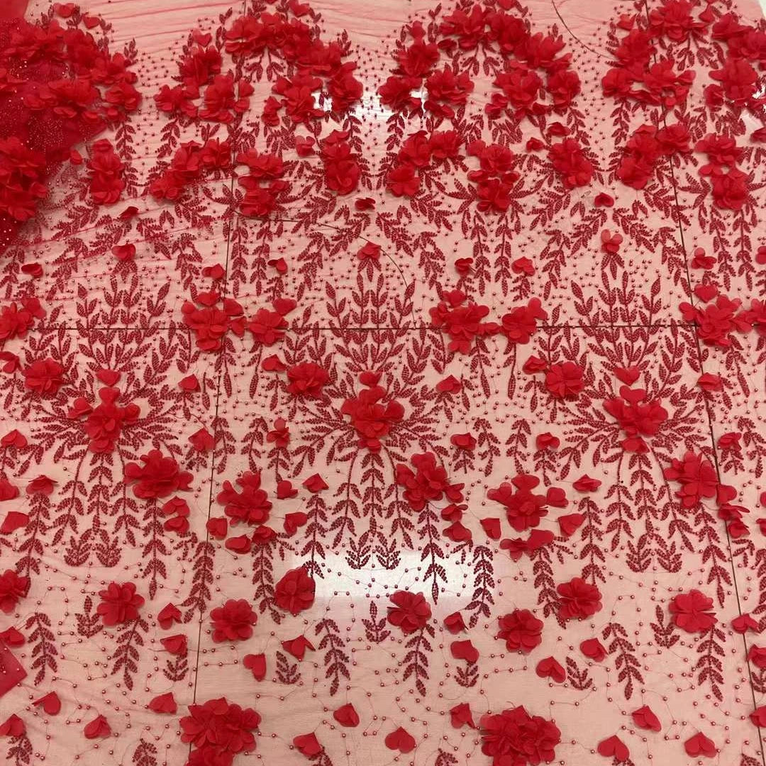 Red 3D Flowers Wedding Embroidery Lace Fabric