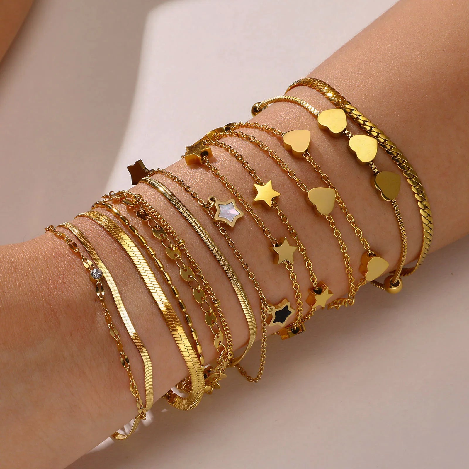 Fashion Stainless Steel Double Layer Tarnish 18k Gold Plated Adjustable Heart Star Bangles Jewelry Women