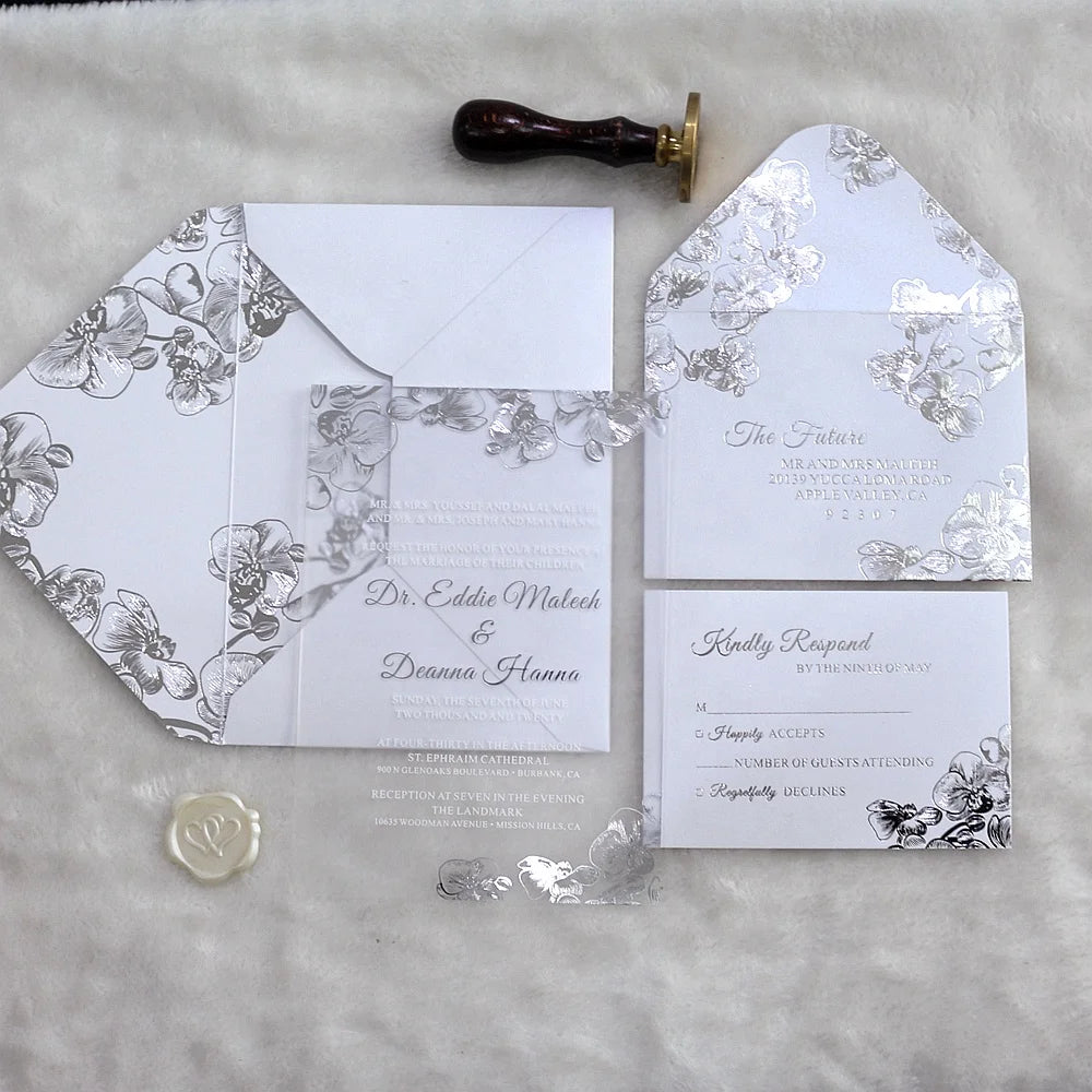 Silver Color Frosted Acrylic Wedding Invitation Cards with Flowers Printing