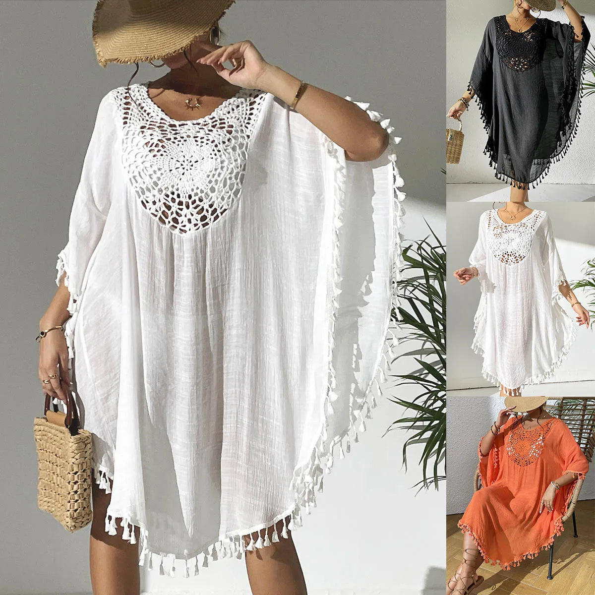 2026 Summer New Beach Cover up Hooked Flower Spliced Tassel Swimsuit Bikini Beach Mini Dress Outfit for Women
