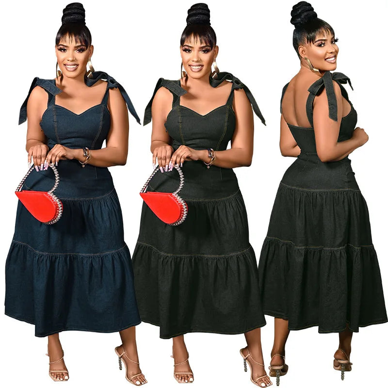 Y218382 Factory Custom Plus Size Jeans Dresses Women Casual Sleeveless Halter Denim Summer Dress for Women
