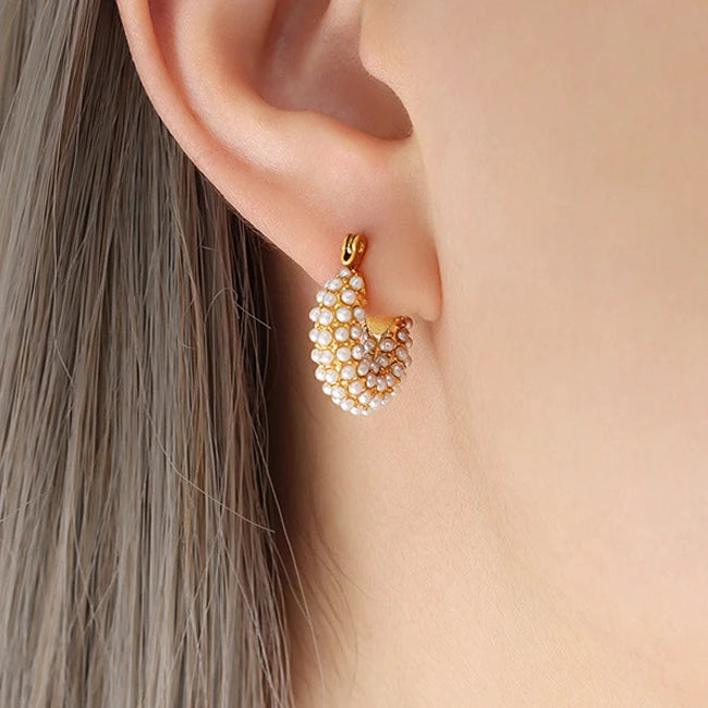 Boucles D'oreilles U Shaped Thick Chunky Pearl Huggie Hoop Earrings Pearl Paved Gold Plated Stainless Steel Jewelry for Women