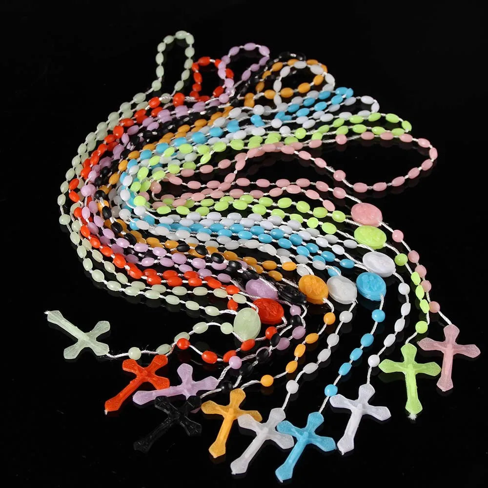 Multicolor Rosary Beads Luminous Plastic Catholic Cross Necklace Catholicism Prayer Religious Jewelry Glowing Rosary Necklace