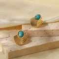 New Vintage Stainless Steel 18K Gold Plated Turquoise Ribbed Scalloped  Stud Earrings for Women