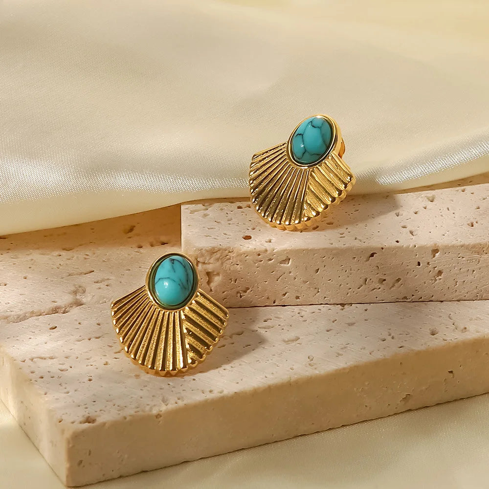 New Vintage Stainless Steel 18K Gold Plated Turquoise Ribbed Scalloped  Stud Earrings for Women