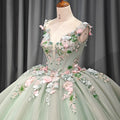 Customize Grass Green Tulle Lace Appliques Prom Dress Ball Gown Sweet Elegant Stitching Ruffles Dress 1229-1