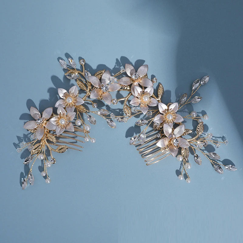 Gold Color Metal Flower Women Hair Combs Handmade Crystal Bridal Hair Comb