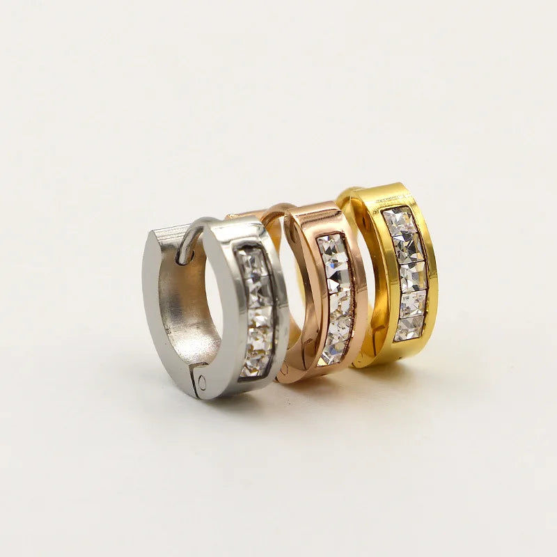 18K Rose Gold Stainless Steel Trendy Earrings Open Stud Full Black & White Stone Couple Jewelry Charm Style Anniversary