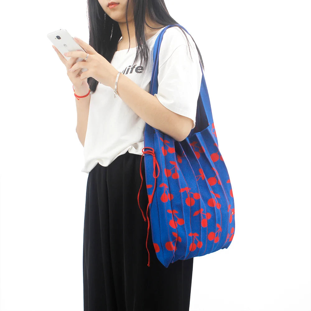 2023 Vintage Style Women's Fashionable Knitted Pleated Shoulder Bag Cherry Pattern Cute Casual Portable Two Handles Open Closure