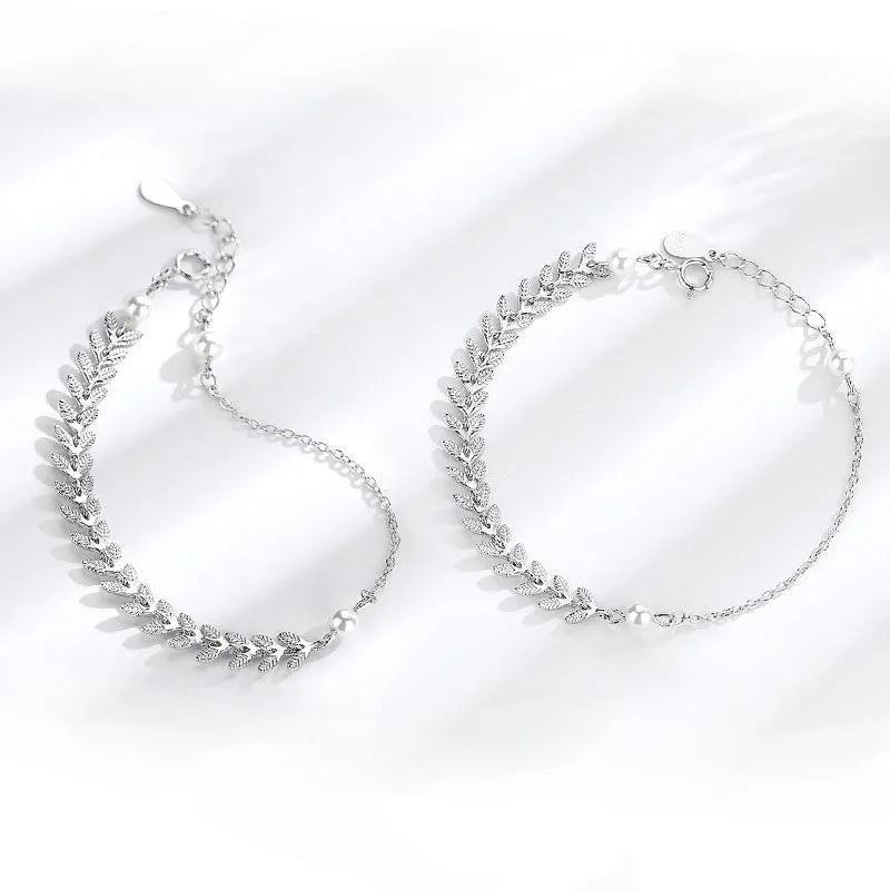 Real 925 Sterling Silver Fashion Leaf Synthetic Pearl Charm Bracelet for Women Wedding Party Fine Jewelry