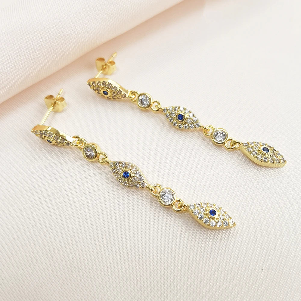 IVIAPRO Fashion Jewelry Elegant Brass with 18K Gold Plated Cubic Zircon Evil Eye Shaped Tassel Earrings for Women