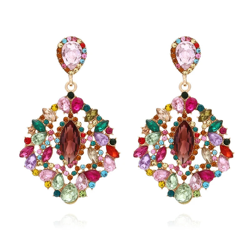 Kaimei New Arrival Exaggerated Luxury Style Geometric Shape Alloy Inlaid Colorful Diamond Earrings Retro Full Diamond Earrings