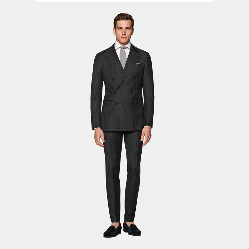 Dark Gray S110 Wool Business Gentleman Men's Slim Multi-grain Double-breasted Suit