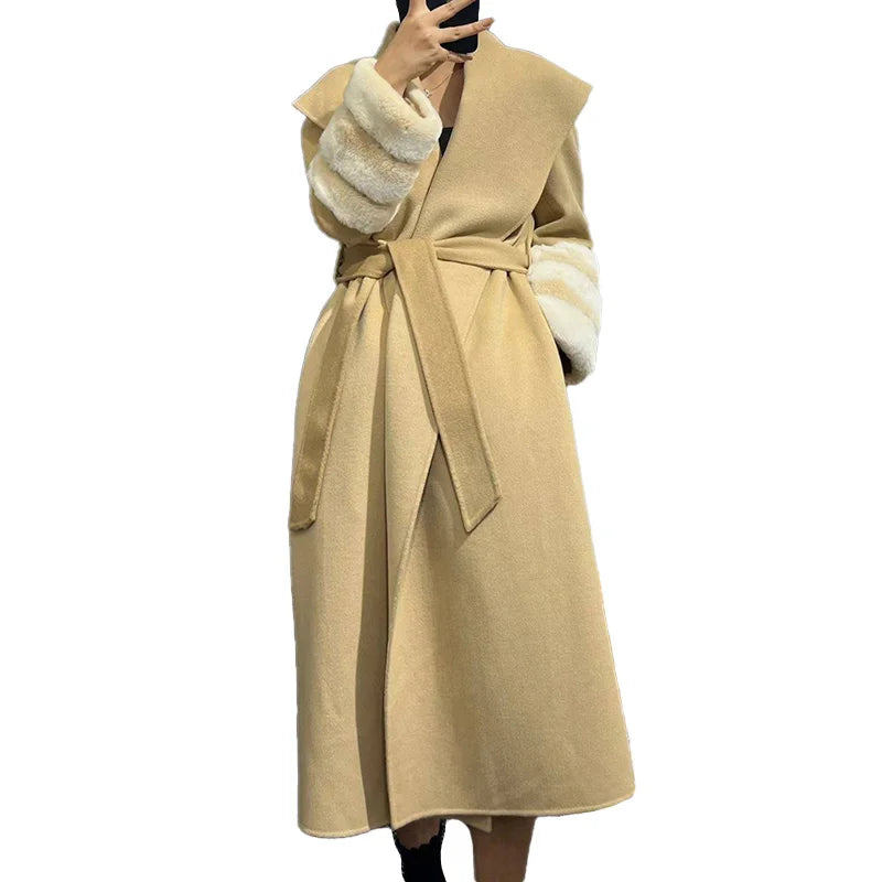 Popular Long Style Cashmere Coat Women Chinchilla Design Wool Coat With Rex Rabbit Fur Cuffs