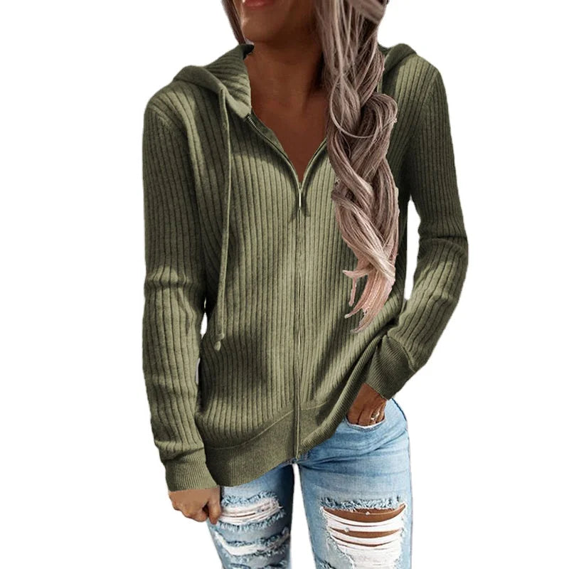 RNSHANGER Autumn Women Zipper Cardigan Hoodies Ladies Vintage Casual Loose Long Sleeve Solid Color Knitted Outerwear Hoodies