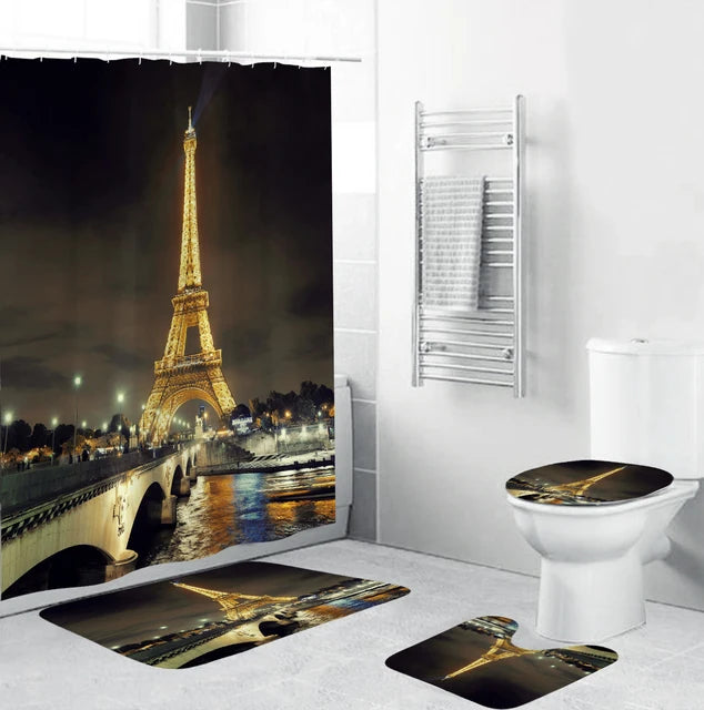 Eiffel Tower Paris Free Sample Printing Bathroom Shower Curtain Set Non-Slip Rugs Toilet Lid Cover Mat Carpet Home Decor/