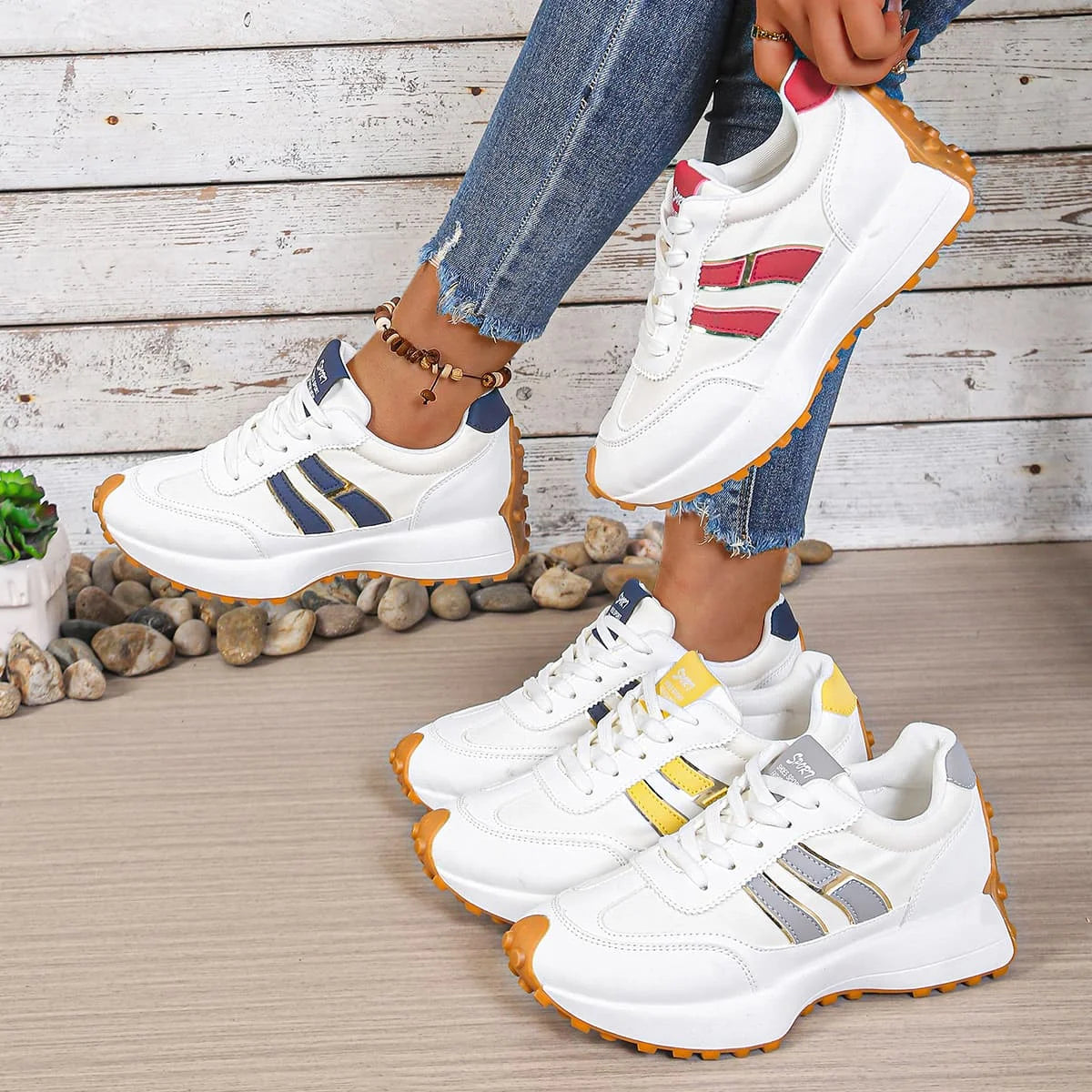 Women's Retro Running Sneakers White Lace-Up Platform Casual Sports Shoes