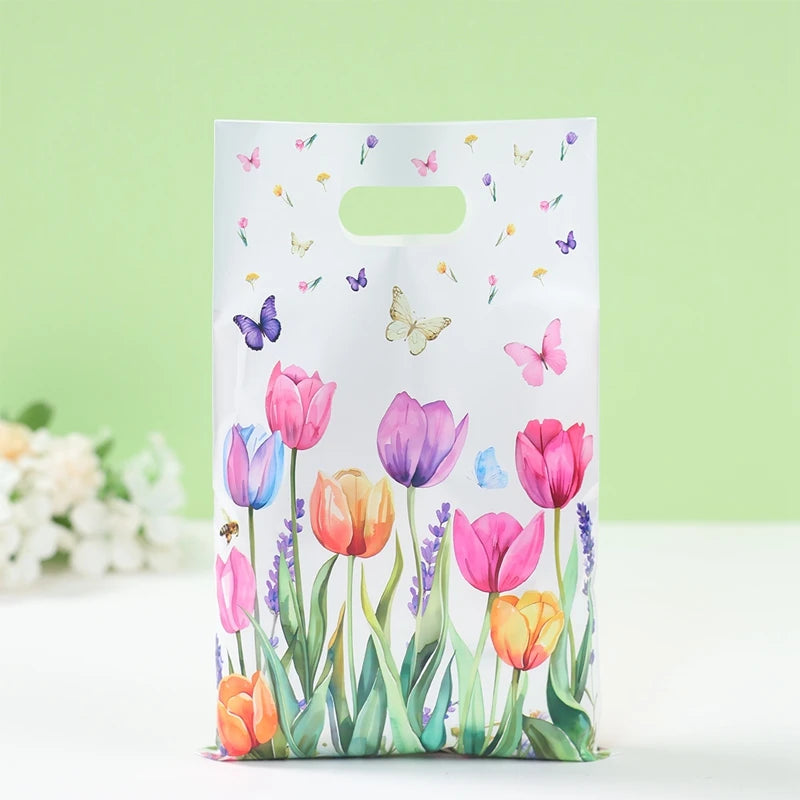 Colorful Tulips and Butterfly Printed Plastic Gift Bags Kids Birthday Party Supplies Candy Boys Girls Party Favors Decoration