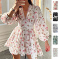RNSHANGER Women's Floral Print French Vintage Dress Long Sleeve Deep V Neck High Waist A-line Dress Spring Fall Casual Dresses