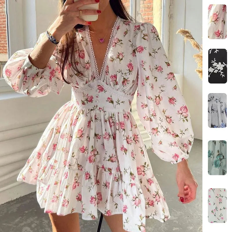 RNSHANGER Women's Floral Print French Vintage Dress Long Sleeve Deep V Neck High Waist A-line Dress Spring Fall Casual Dresses