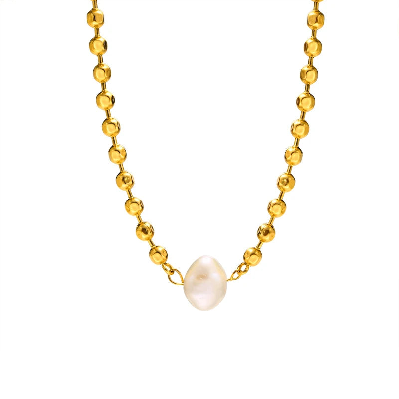 Classic Pearl Necklace 18k PVD Gold Plated Bead Chain Stainless Steel Party Gift