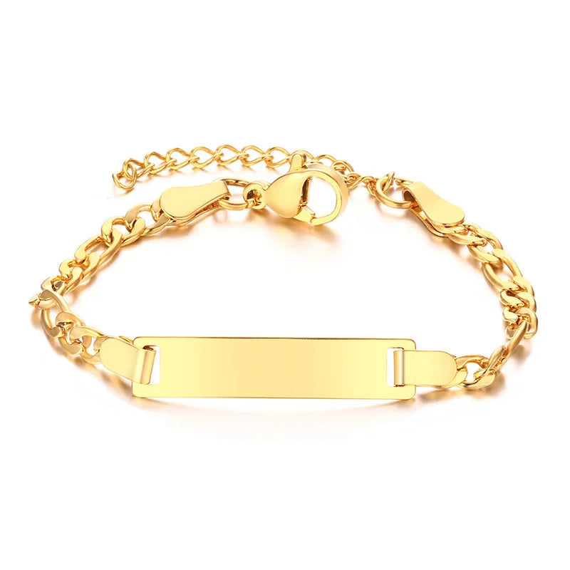 Stainless Steel Simple Figaro Chain Kids Text Engraved Brand Bracelet Children Butterfly Love Pentagram Crown Charm Bracelet