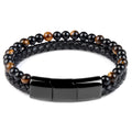 Custom Stainless Steel Magnetic Clasp Black Genuine Leather Natural Tiger Eye Lava Stone Beads Bracelet MegaBDM