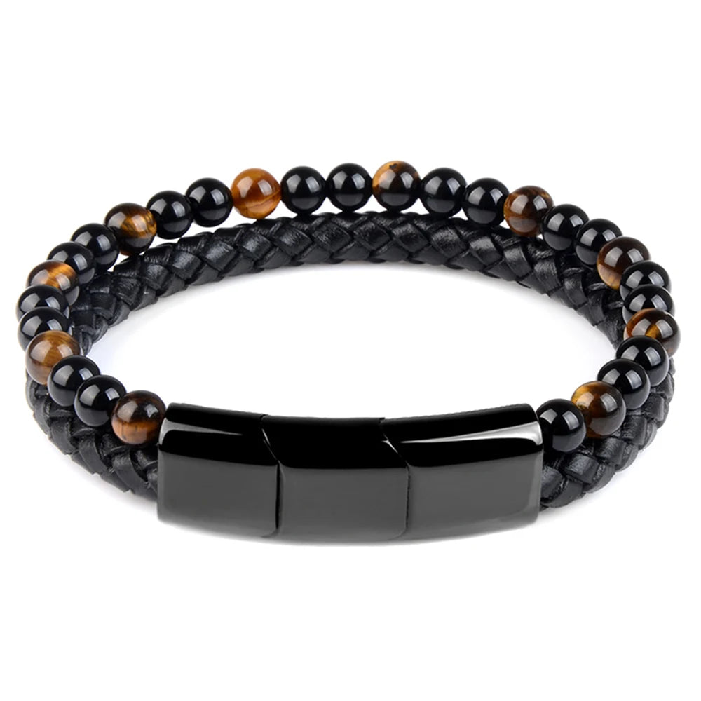 Custom Stainless Steel Magnetic Clasp Black Genuine Leather Natural Tiger Eye Lava Stone Beads Bracelet MegaBDM