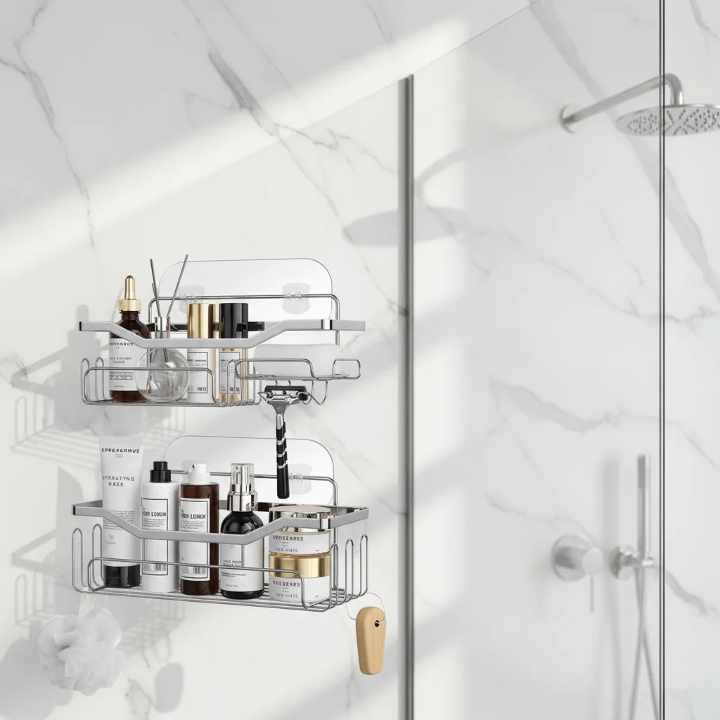 HOMEDEC No Drilling Rustproof SUS304 Stainless Steel 2-pack Mesh Bathroom Shower Caddy Basket Adhesive Shelf with Hooks