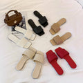 Cheap Big Size Fancy Woven Slip-On Textile Lining PVC Upper TPR Outsole Flat Slippers for Women Wholesale