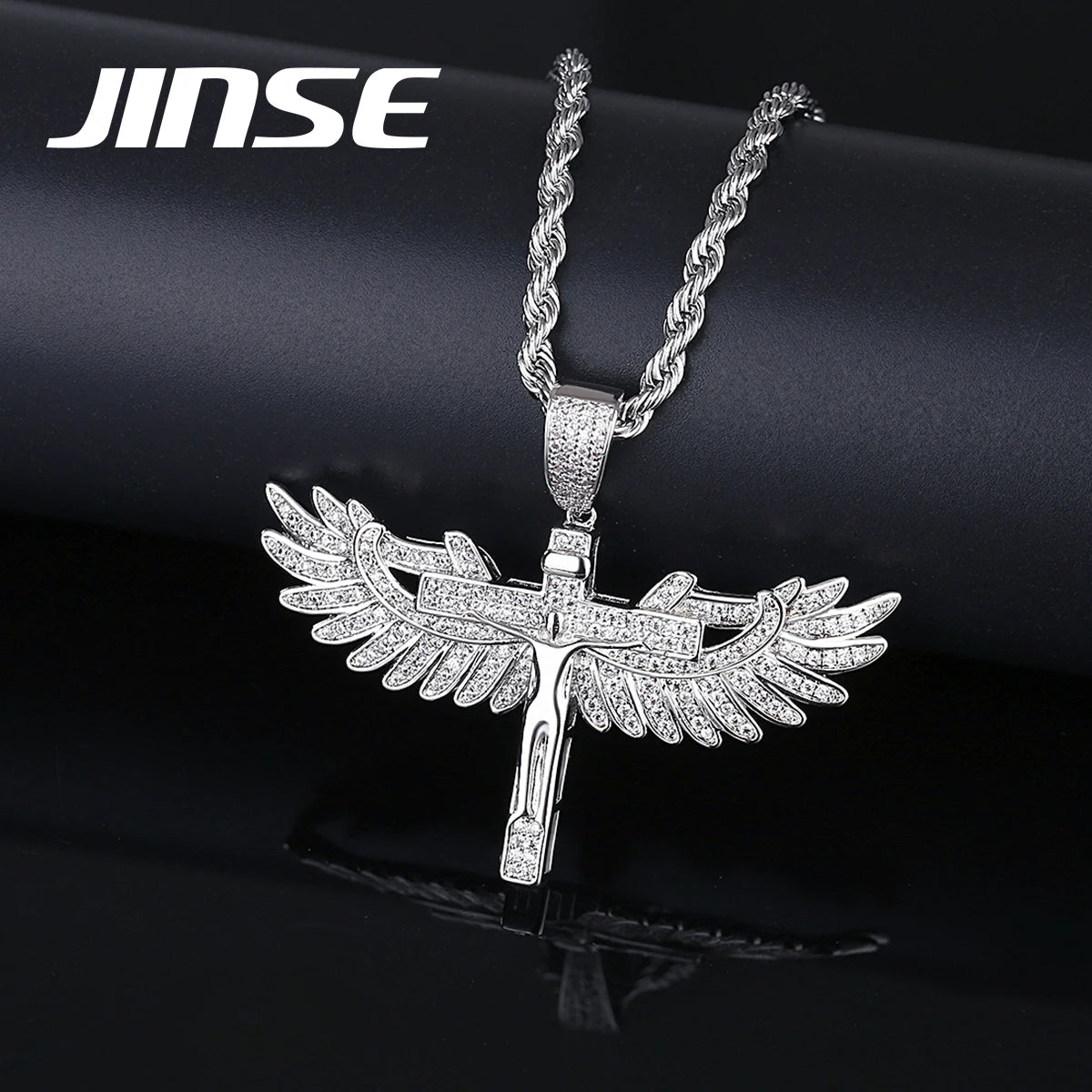JINSE Cross Angel Wing Pendant Hip-hop Jewelry Necklace Men a AA Cubic Zirconia Hip Hop Jewelry