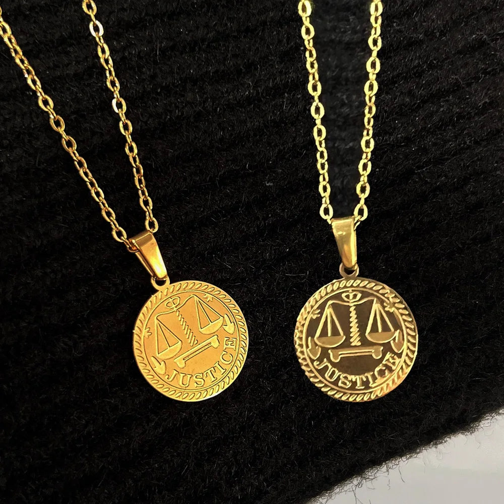18K Gold Plated Round Disc Scales of Justice Necklace Engraved Zodiac Sign Pendant Balance Libra Necklace Dainty Choker Women