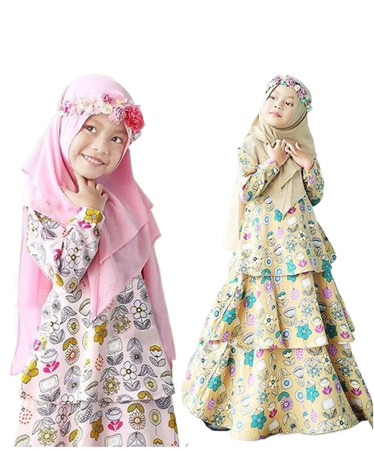Malaysia Best Selling New Fashion Style Summer Kids Baby Girls Clothing Hijab Floral Ruffles Dress Set for Children C0007