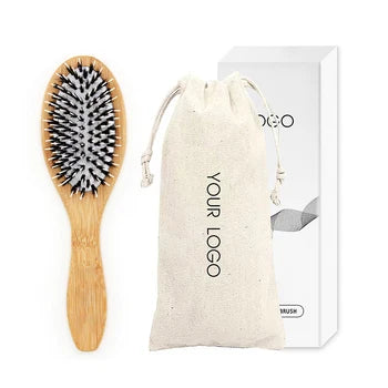 Custom Logo Detangling Paddle Hair Brush Nylon and Boar Bristle Hair Brush Natural Bamboo Wood Wig Hair Extension Brush