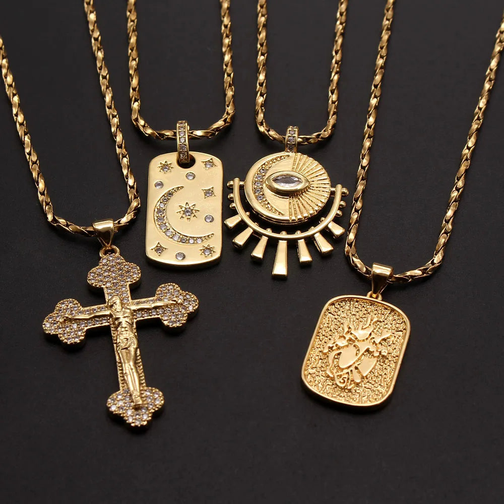 18K Real Gold Plated Zircon Christian Gothic Cross Necklace Men Women Fashion Moon and Star Pendant Jewelry Choker Party Gift