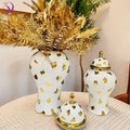 Gold Plated White Storage Jar With Lid Tall Ceramic Flower Vase Decorative Ginger Jars for Luxury Home Decoration