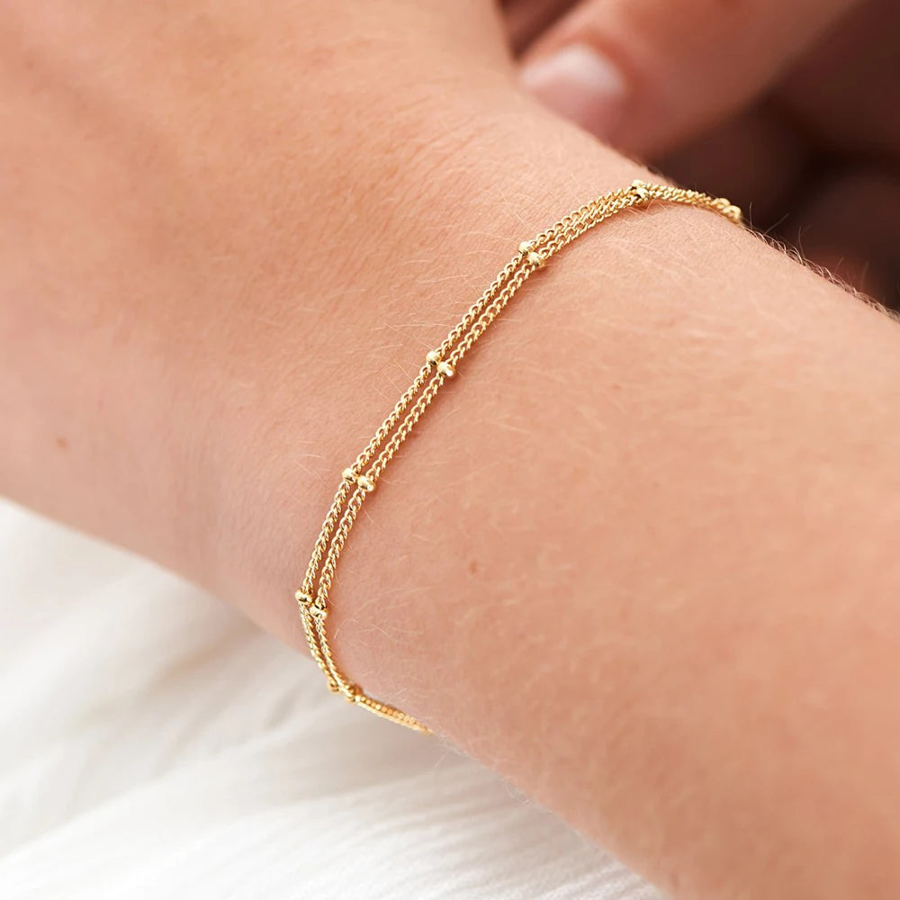 EManco Bead Link Chain Bracelet Gold PVD Plated Stainless Steel Multi Layer Bracelet