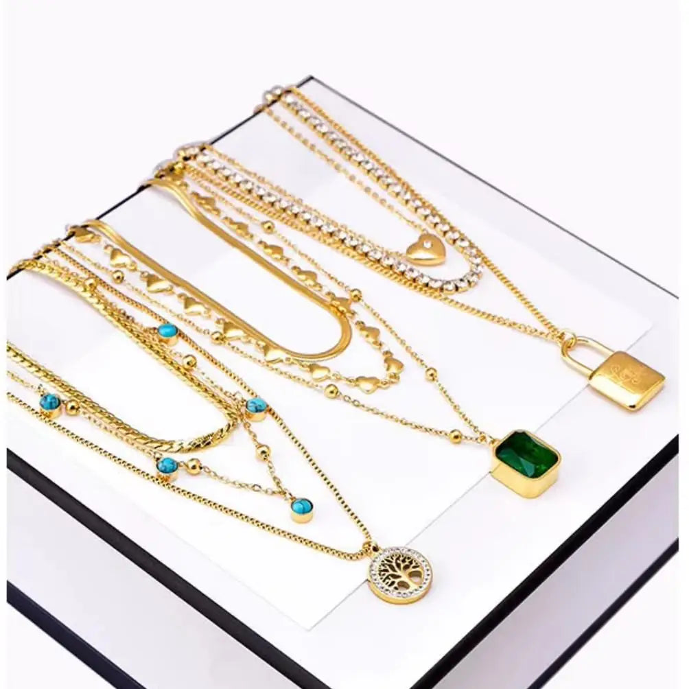 Meetyoo Multi Layered 18K Gold Plated Gemstone Stainless Steel Square Zircon Women Colorful Pendant Fashion Jewelry Necklaces