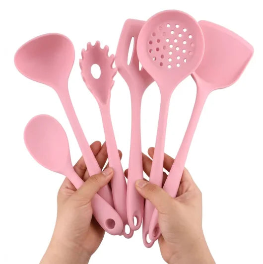 Kitchen Accessories Home Use 6 Piece Red Pink Blue Nonstick Silicone Utensils Cookware Set with Long Handle