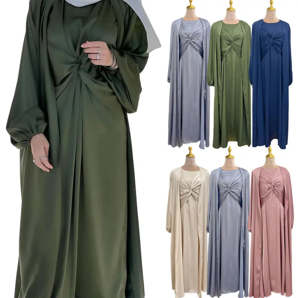 Islamic 2Pcs Set Muslim Women Open Cardigan Muslim 2pcs Maxi Dress Abaya JIlbab Dubai Arab Robe Gown