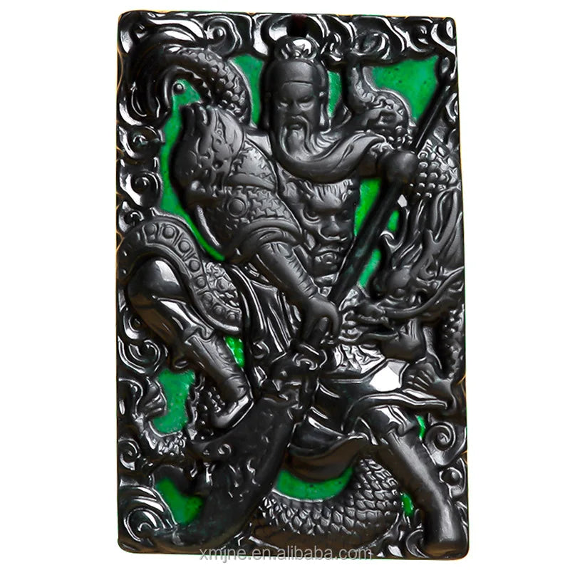 Certified Grade a Natural  Jadeite Ink Jade Wushen Guan Gong Pendant Ink Green Ice Jade Men's Necklace Pendant Women's Jewelry 2